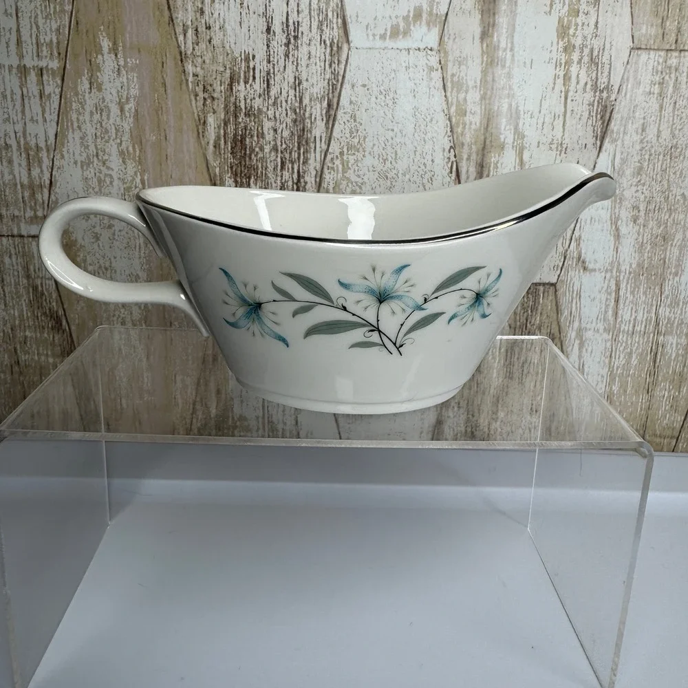 Vintage Homer Laughlin Triumph Cynthia Gravy Boat MCM Silver Trim USA